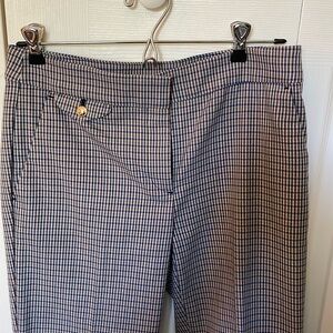 Houndstooth (navy and brown) Riviera Slim (Loft) pants - gold button detail